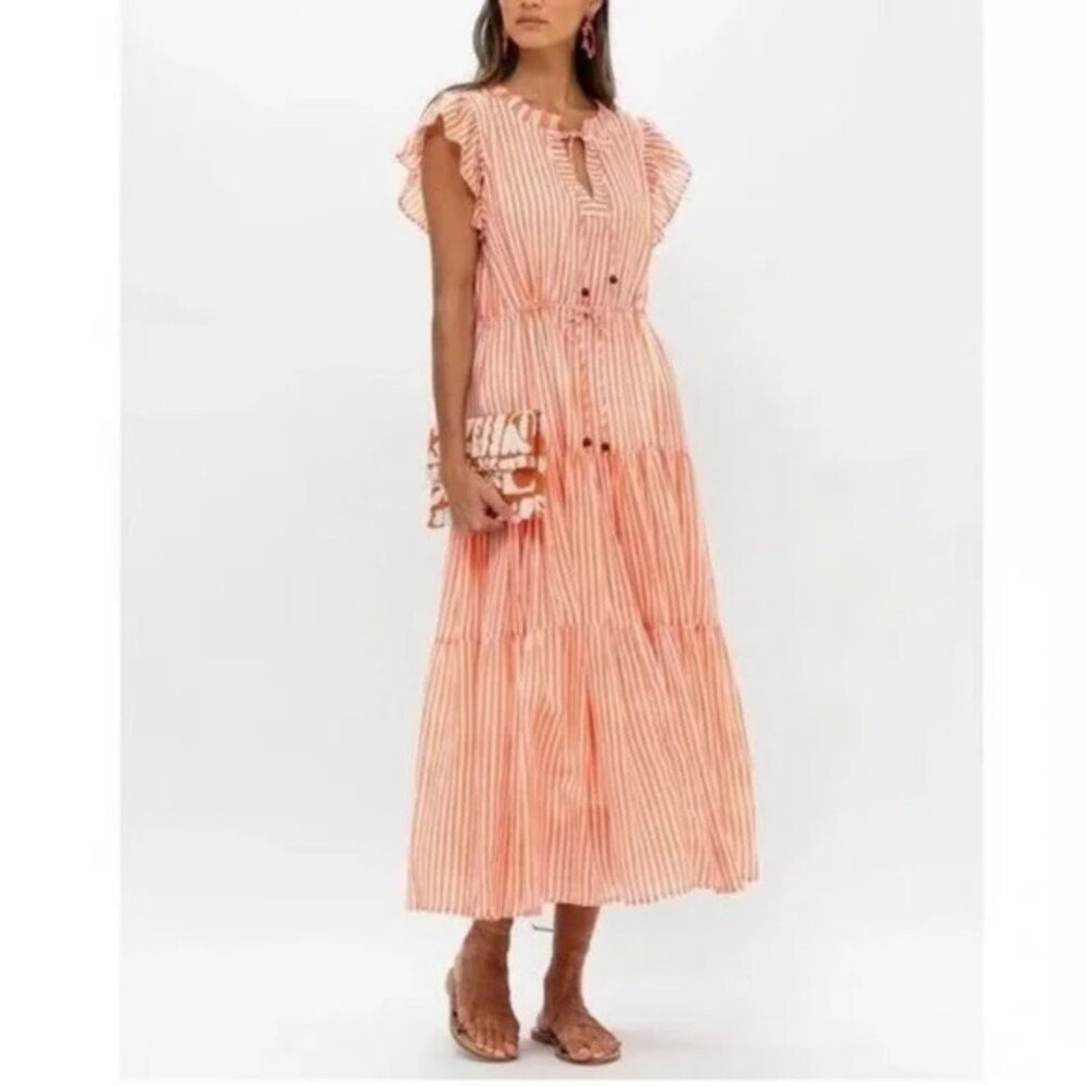 Oliphant Playa Coral and White Stripe Cinched Midi Dress, Size XXL